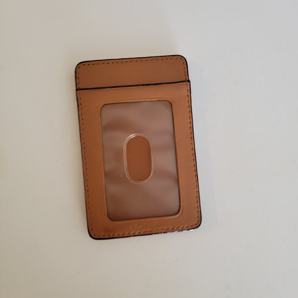 Minimalist Tan Leather ID Card Holder Wallet w/ Clear Window, 2 Slots, Slim EDC